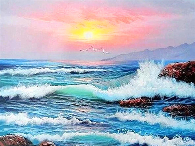 diy数字油画自己上填色波涛汹涌的海浪翻滚大海景色家居装饰新款