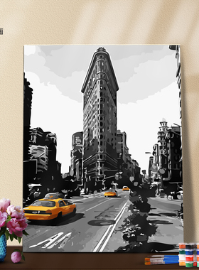 DIY数字油画自己填色材料包黑白 欧式红色电话亭公交车巴士装饰画