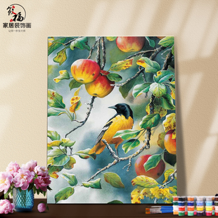 DIY数字油画自己填色树林红腹灰雀鸟苹果树黄莺鸟屋家居装饰新款