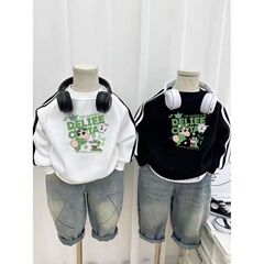 中大童秋冬宝宝无帽卫衣圆领可爱卡通男女童加绒加厚上衣三条撞色