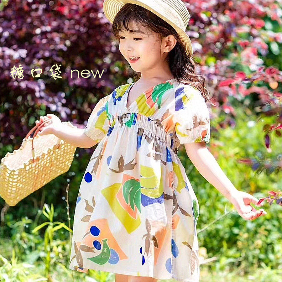 包邮coco小鱼品牌童装可爱夏季甜美洋气印花田园v领中童连衣裙潮