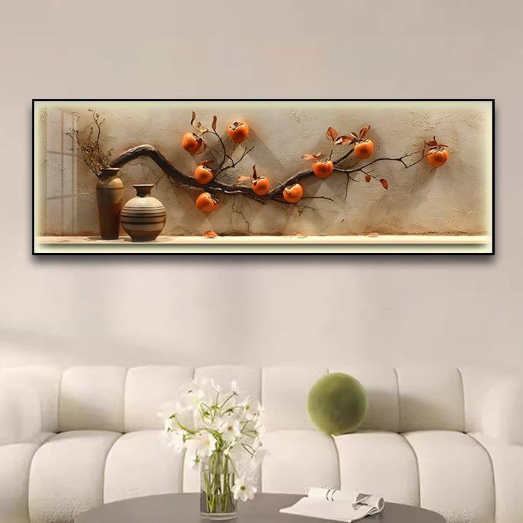 柿柿如意挂画新中式客厅装饰画镶钻带灯大气高级感背景墙茶室壁画