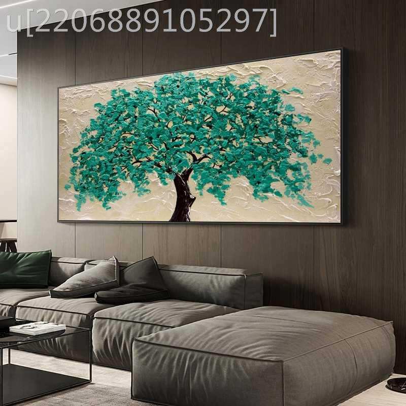 纯手绘油画发财树绿色立体厚肌理抽象客厅装饰画横版挂画美式轻奢图片