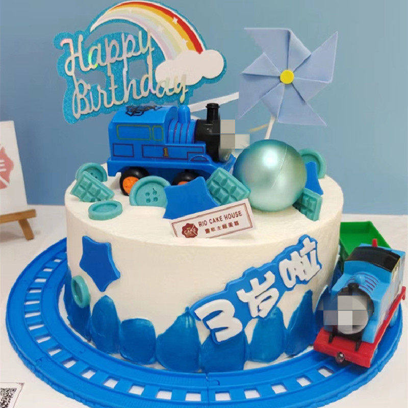 网红卡通电动蓝色轨道小火车蛋糕装饰摆件儿童周岁生日派对车子