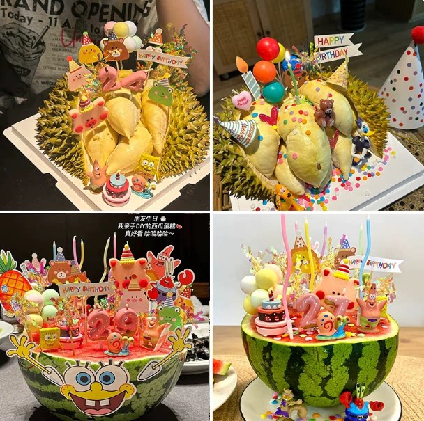 网红榴莲西瓜蛋糕diy材料装饰海绵宝宝米奇米妮蜡烛生日蛋糕摆件