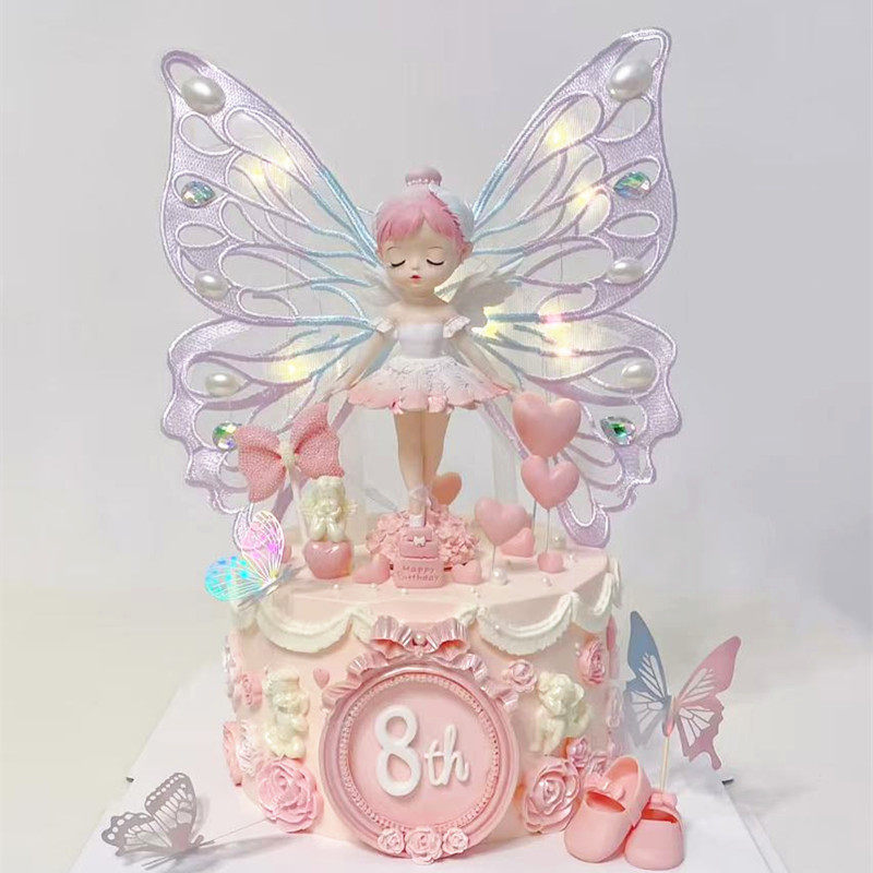 贝拉公主生日蛋糕装饰摆件套餐套装粉色芭蕾裙子站姿女孩刺绣蝴蝶