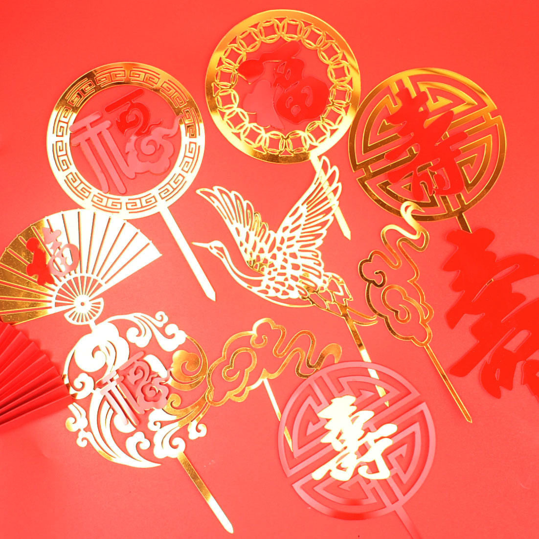 双层蛋糕插牌福寿仙鹤祥云套装