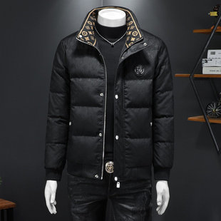 潮牌2026冬季立领个性花领白鸭绒字母暗花保暖羽绒服男修身外型男