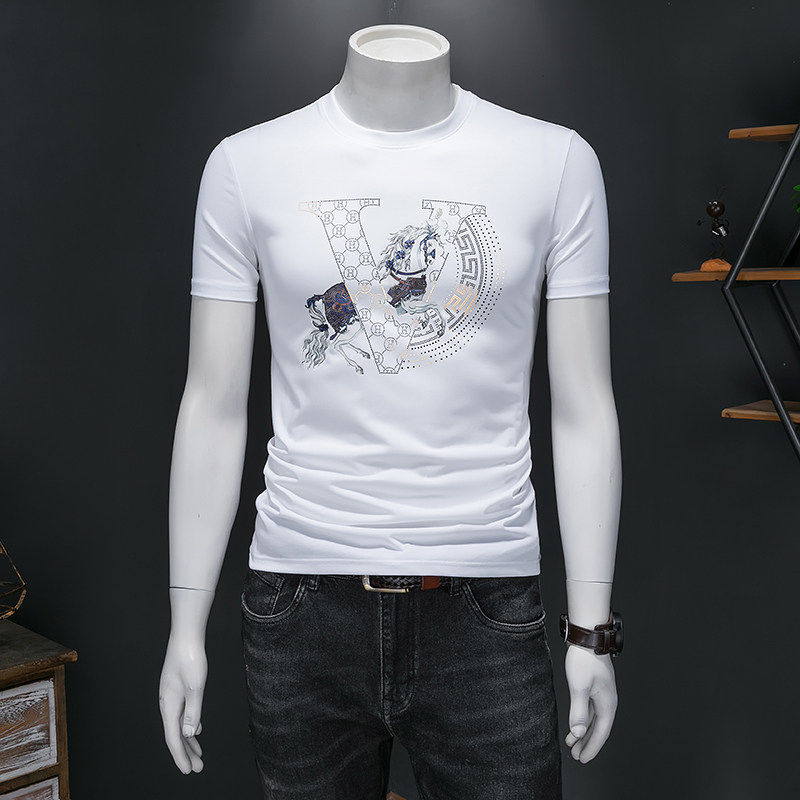欧洲站夏季丝光棉圆领短袖T恤男字母修身烫钻半袖简约打底小奢侈