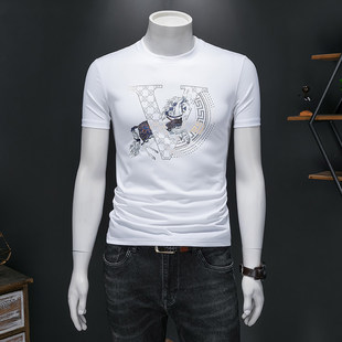欧洲站夏季丝光棉圆领短袖T恤男字母修身烫钻半袖简约打底小奢侈