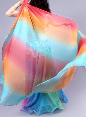 青曼黄色紫色肚皮舞表演配饰抛纱仿真丝多色渐变手纱头纱纱巾