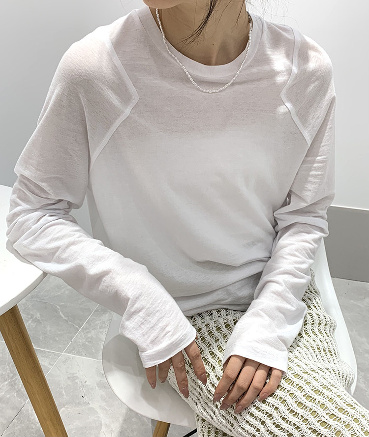 MACQNF百搭简约显瘦宽松薄棉长袖打底衫T恤白色圆领上衣女MQ21307