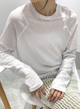 MACQNF百搭简约显瘦宽松薄棉长袖打底衫T恤白色圆领上衣女MQ21307