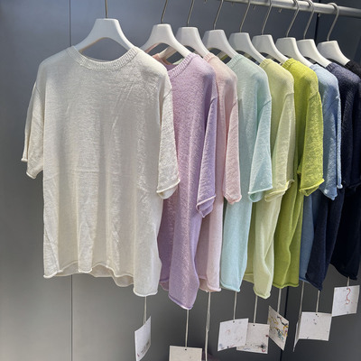 MACQNF正品时尚简约圆领短袖套头针织衫纸纱镂空T恤上衣女MQ89387