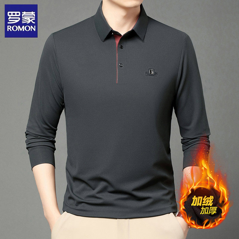 罗蒙加绒polo衫男士长袖t恤秋冬季新款蓄热亲肤保暖卫衣打底衫