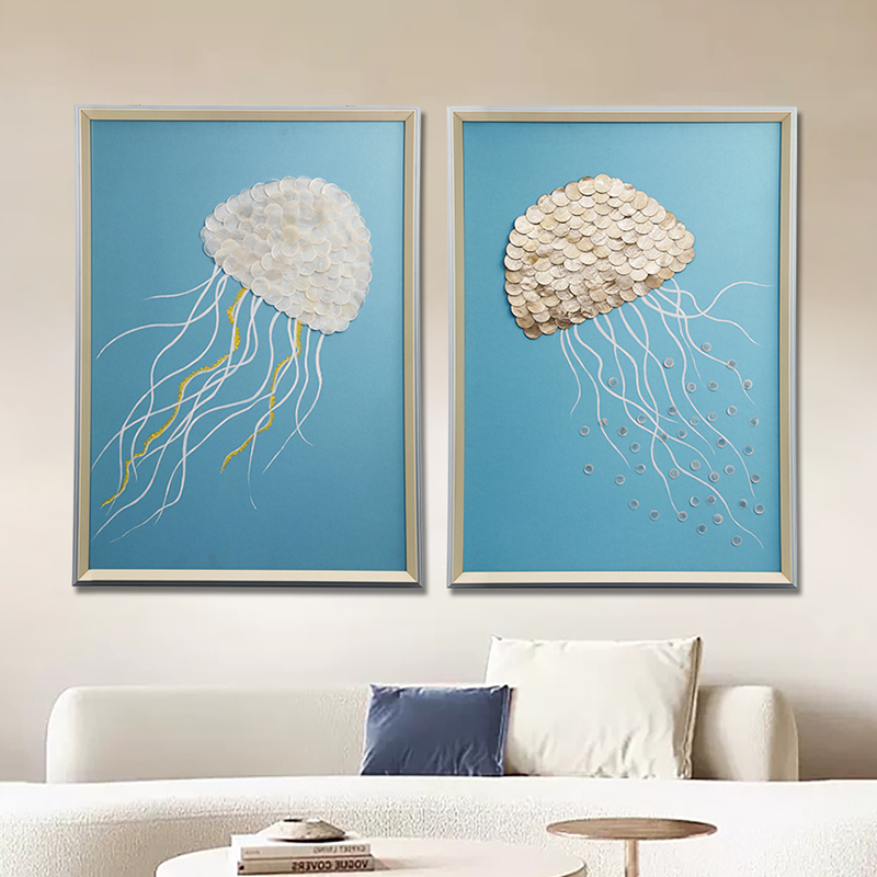 原创手绘高档贝壳立体装饰画玄关艺术挂画客餐厅创意海洋水母壁画图片