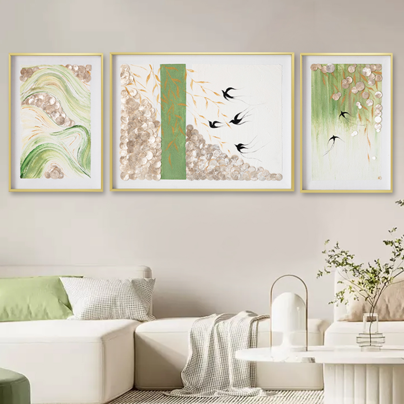 原创东方美学手绘花鸟油画客厅贝壳装饰画背景墙三联挂画艺术壁饰图片