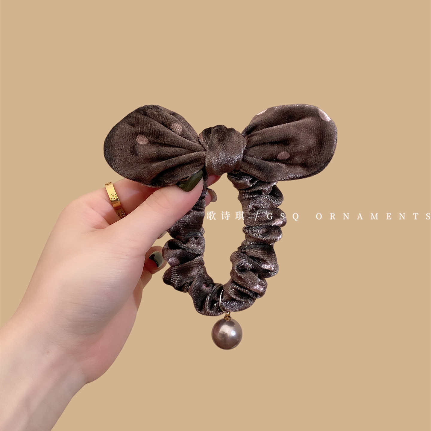 韩系植绒波点蝴蝶结发圈