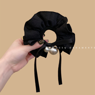 韩国洋气丝绒木耳边珍珠发圈女丝带蝴蝶结丸子头发绳高弹力皮筋