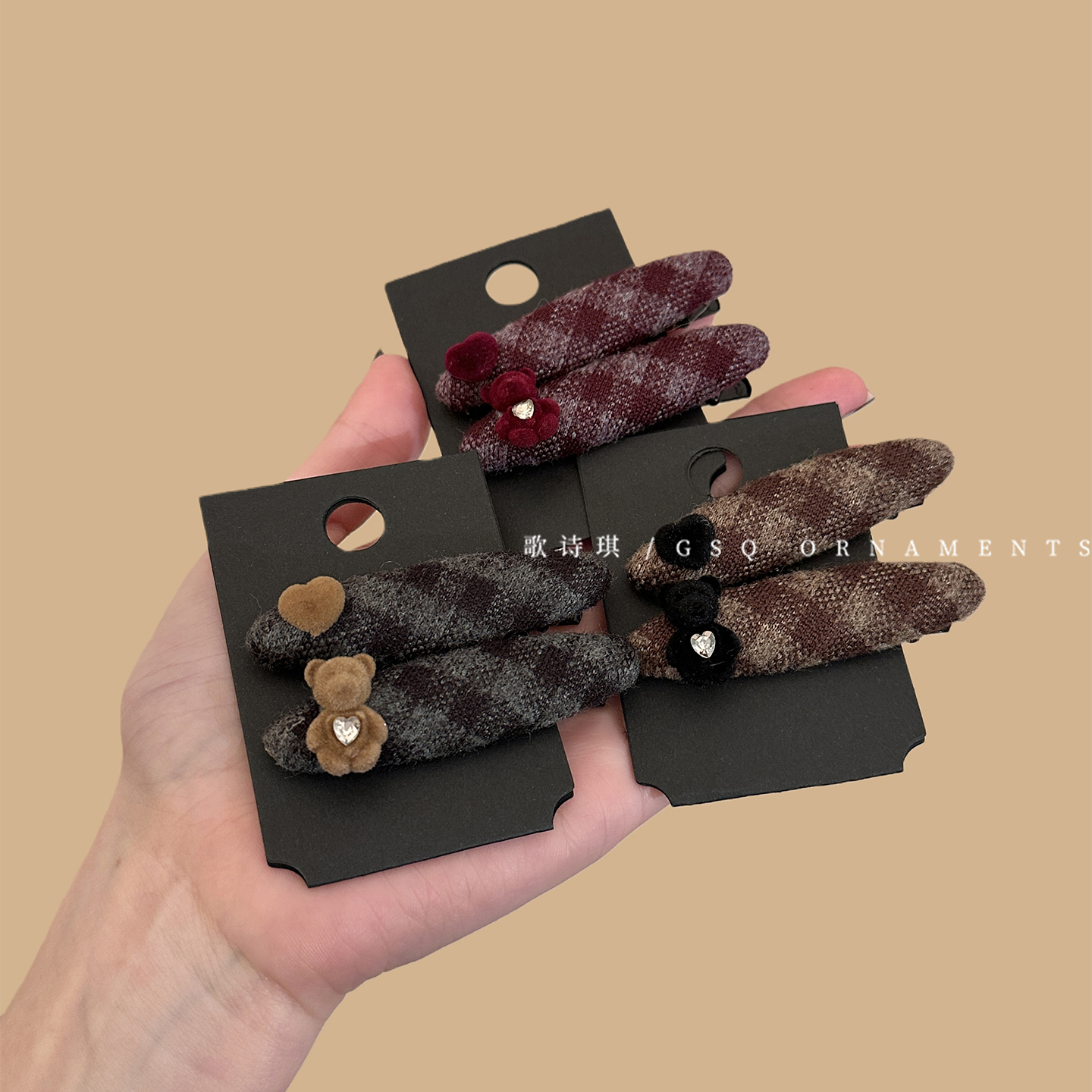 秋冬复古格纹毛呢小熊发夹