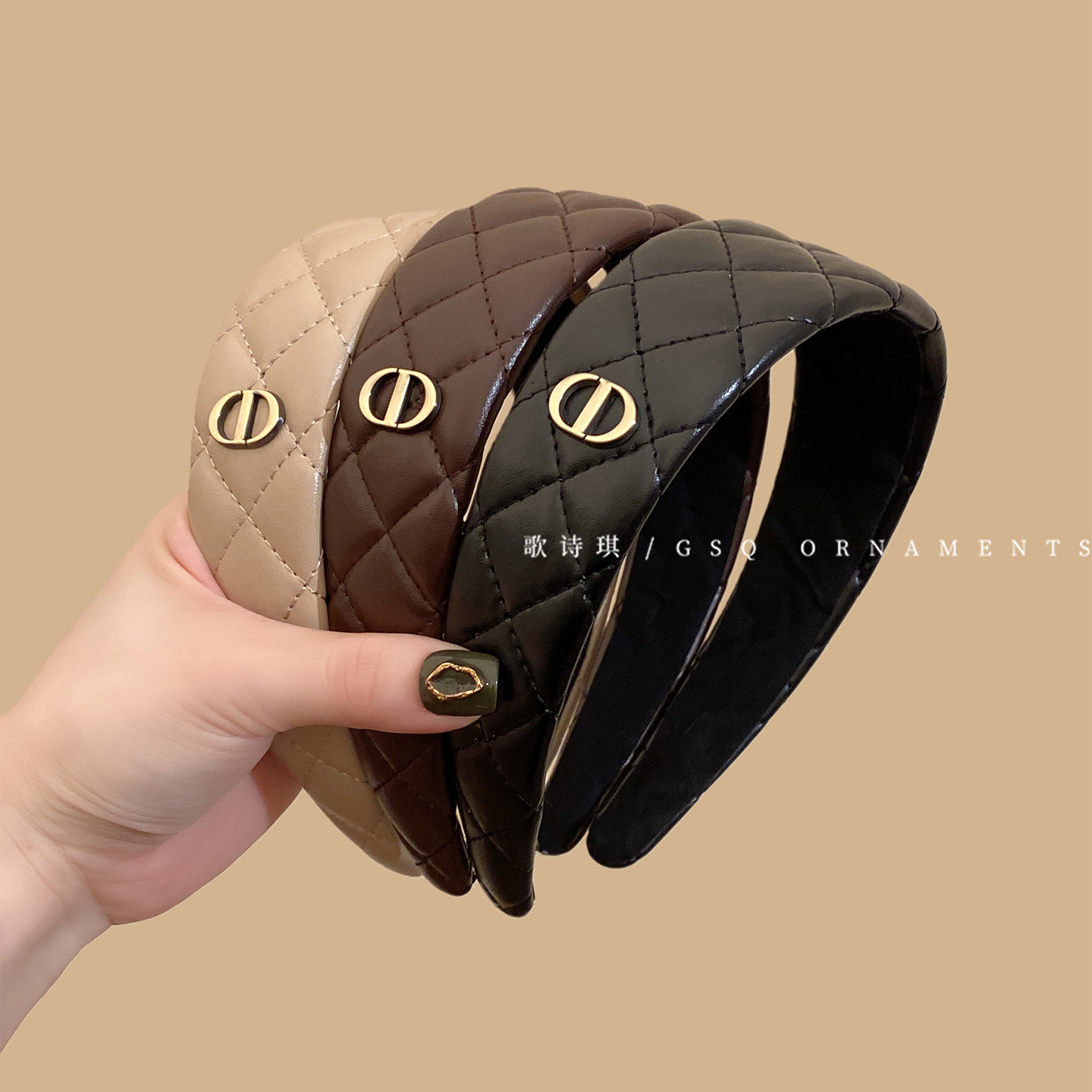 复古高级感皮革菱格纹发箍女