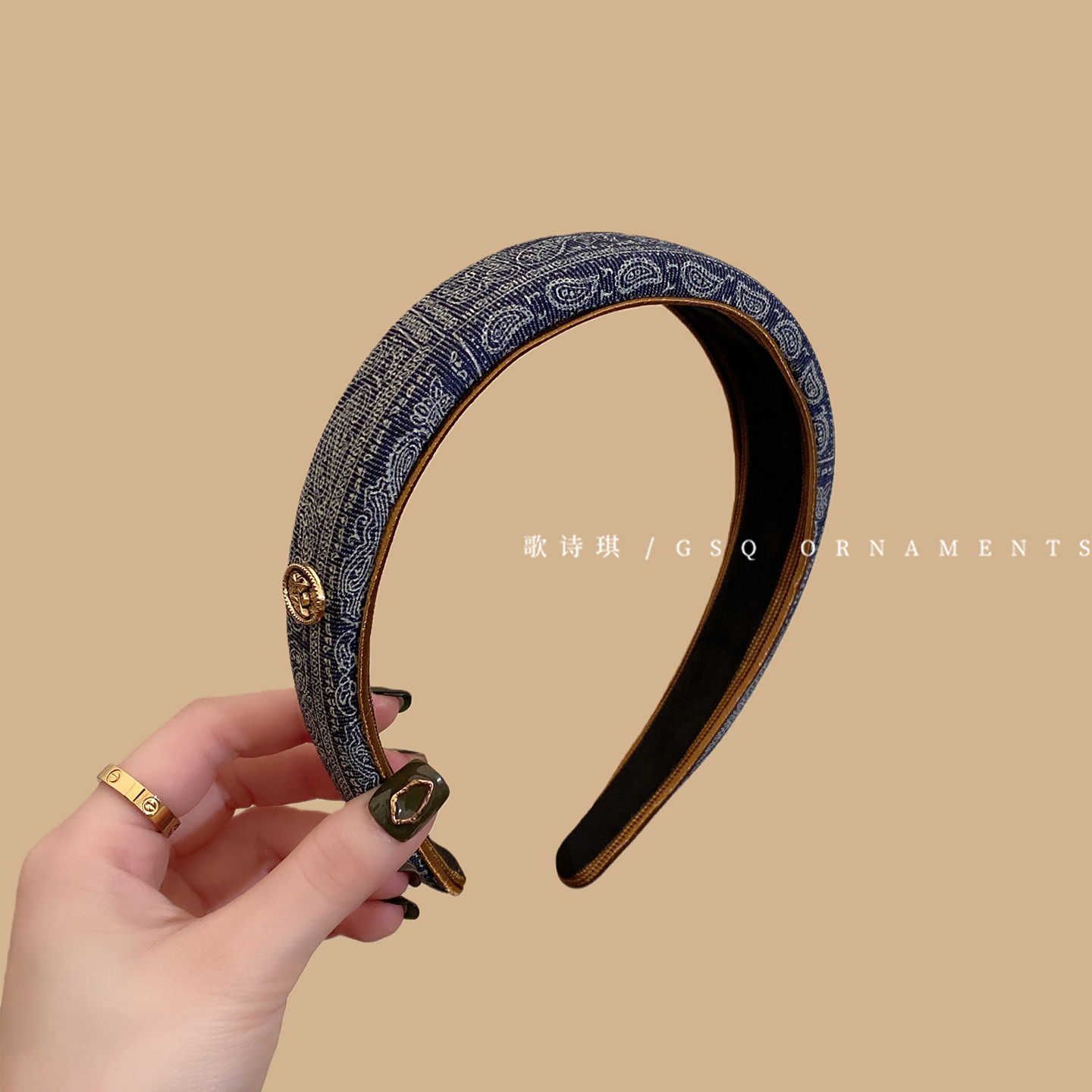 复古新中式腰果花牛仔印花发箍