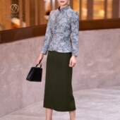 立领上衣搭配绿色包臀裙两件套 秋装 凰都夫人花色植绒套装 2025新款