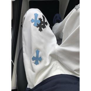 白色十字架貼皮牛仔褲 嘻哈 男女微喇直筒ins寬松闊腿拖地彎刀長褲