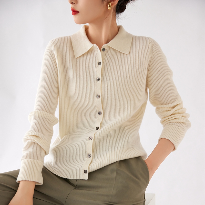 秋冬polo领纯羊绒衫女简约翻领单排扣针织开衫小外套