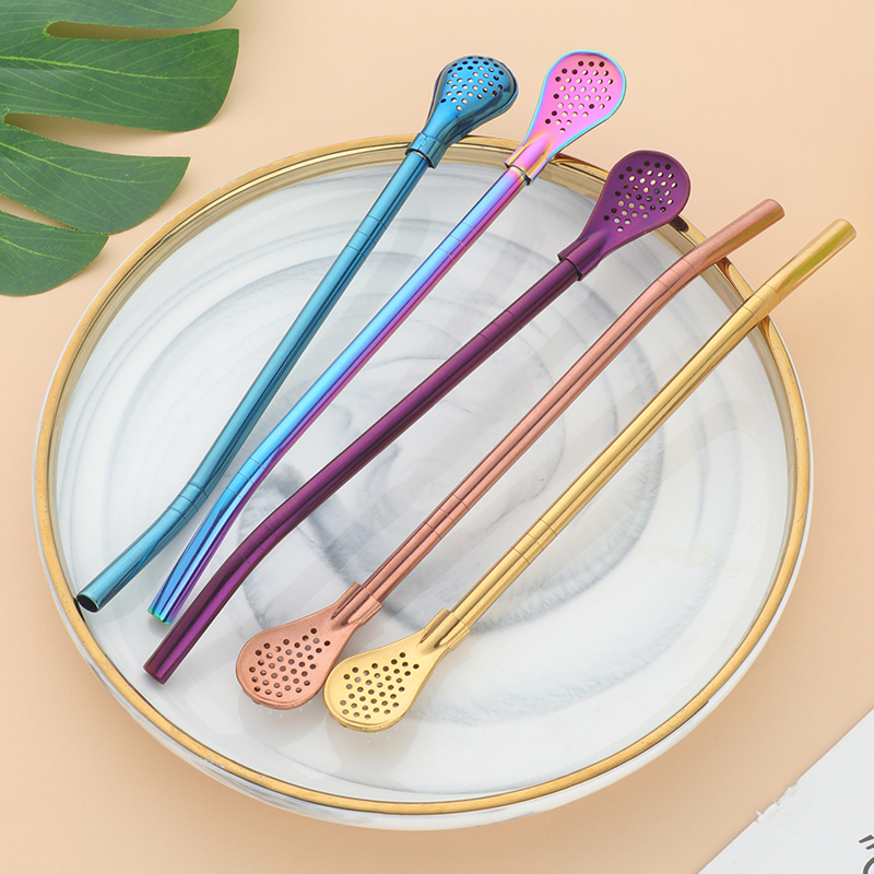 创意过滤吸管勺 304不锈钢家用便携可拆洗饮管加长冰勺喝花茶神器