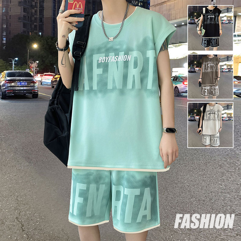 无袖t恤男夏季休闲运动套装男背心一套搭配帅气衣服篮球服两件套