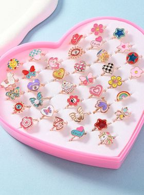 跨进热卖儿童戒指套装合金女童滴油戒指精美指环可调节爱心盒套款