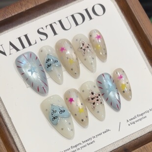 纯手工双子星可爱少女心粉蓝色撞色圣光爱心手绘爆款杏仁穿戴甲