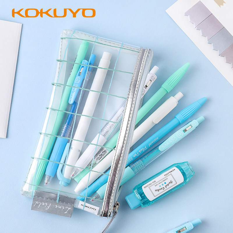 包邮 日本KOKUYO国誉格子印象简约透明笔袋考试专用笔袋大容量多功能小学生男女生笔袋文具袋文件收纳袋