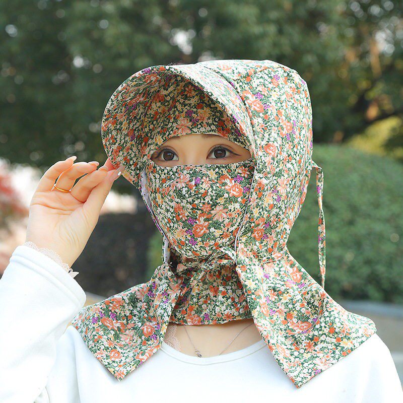 春夏碎花口罩遮阳帽子女干活骑行防晒遮脸面罩护颈防紫外线采茶帽