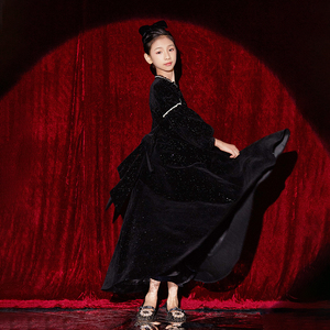 高端洋气黑色长袖丝绒女童晚礼服公主裙生日钢琴演奏演出服秋冬