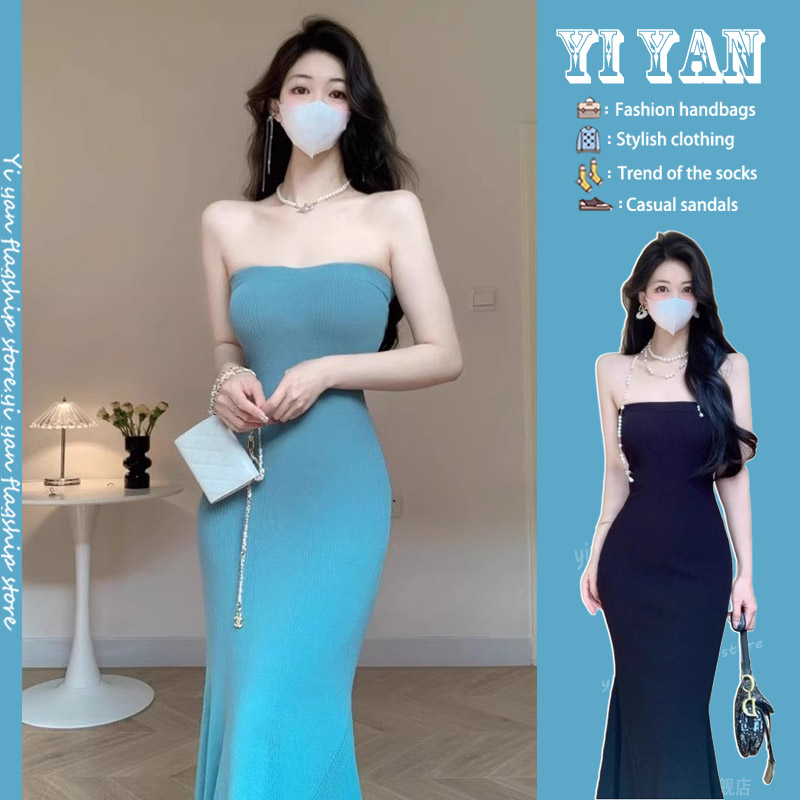 RIERA性感纯欲抹胸针织连衣裙女夏季新款高级感露肩修身显瘦长款