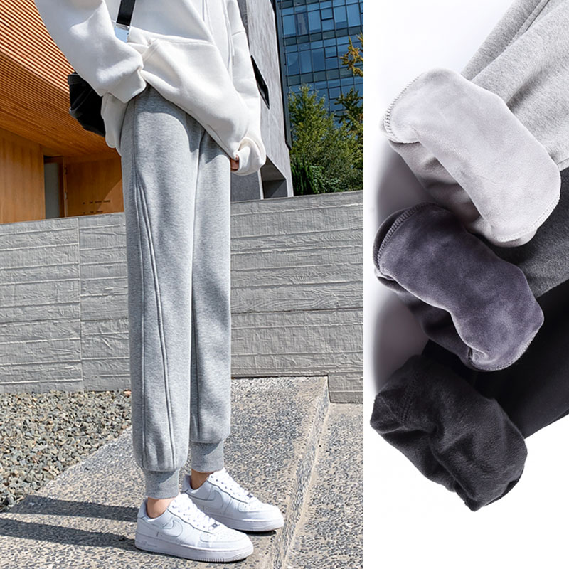 加绒运动裤女冬季外穿宽松束脚2023新款灰色休闲裤子秋冬加厚卫裤
