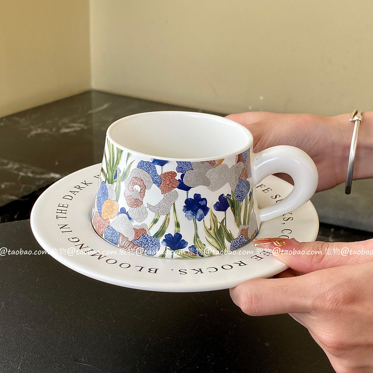 中古水彩陶瓷女士咖啡杯杯碟套装水彩鸢尾花拿铁杯拉花杯情侣杯