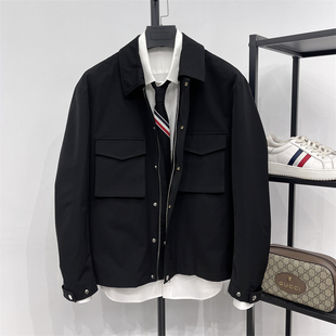 夹克外套微阔宽松茄克衫 纯黑色翻领双口袋工装 DH春秋季 镇店好货