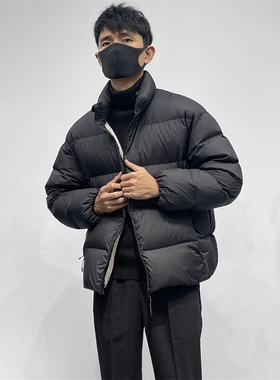 高充绒 90白鸭绒 男士立领厚实宽松羽绒服 保暖纯黑色冬季面包服