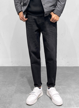 DH原创25年秋季锥形小脚牛仔裤 水洗猫须破洞补丁时尚长裤 黑灰色