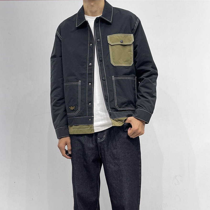 鸟系列秋季多口袋拼色翻领夹克衫 单排扣速干合身黑色茄克外套男