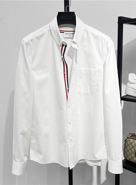 DH高端原创秋季新款男长袖免烫衬衫男TB三色织带修身纯棉白色衬衣