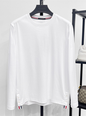 DH高端定制春秋季纯白色80支双丝光棉TB织带圆领纯棉长袖T恤衫