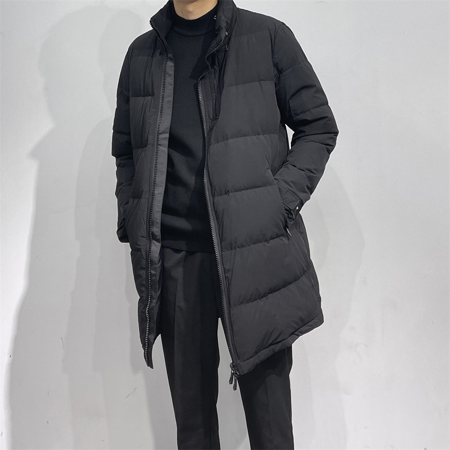 90白鸭绒 高奢V家雅致光泽 轻量化立领中长款风衣羽绒服男纯黑色