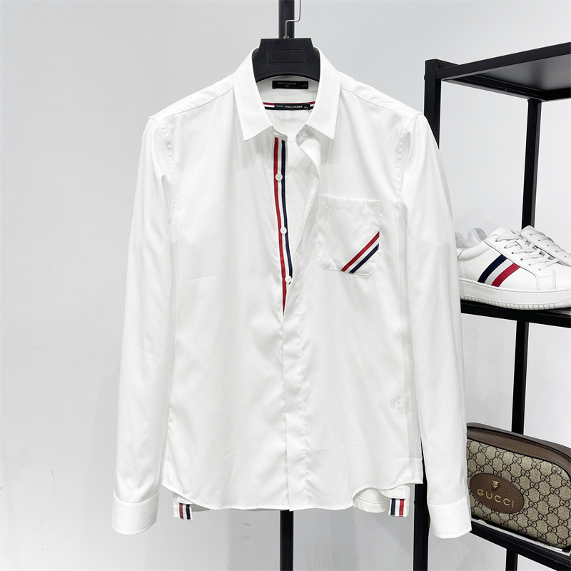 修身长袖纯棉衬衫方领