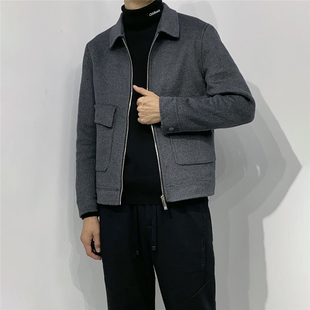 轻奢男装秋冬季双面羊毛呢子工装夹克男休闲短款翻领拉链纯色外套