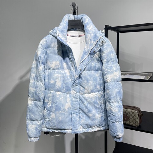 福利款!鸟系列冬季加厚保暖宽松连帽扎染羽绒服男白鸭绒夹克外套
