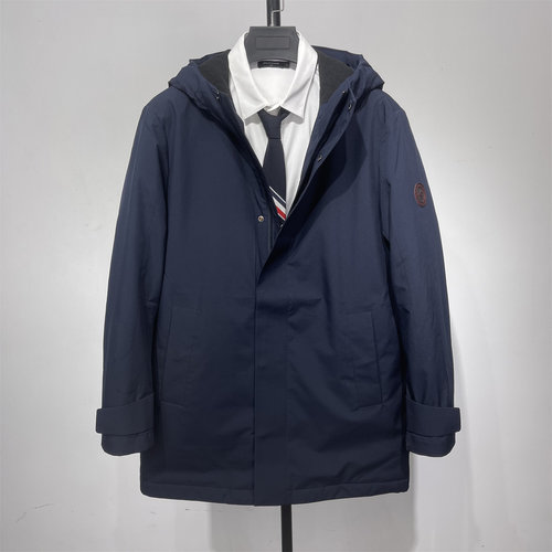 高端牛货冬季中长款连帽防风羽绒服 纯色通勤轻便保暖鸭绒外套男